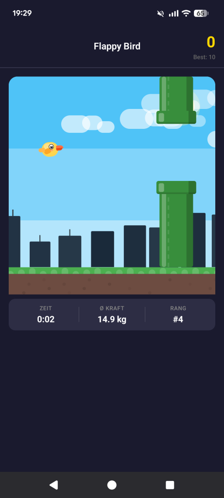 Spielansicht mit direkter Kraftsteuerung und eingeblendeten Leistungswerten