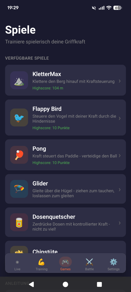 Spieleübersicht in der DynoForce App