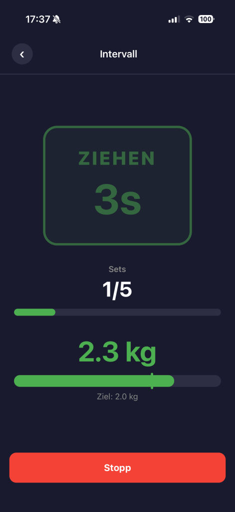 Intervallscreen mit Countdown, Sets und Zielkraft