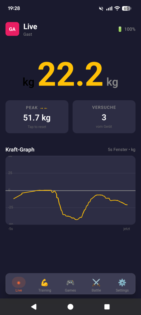 DynoForce App Live-Ansicht mit Kraftwert und Graph