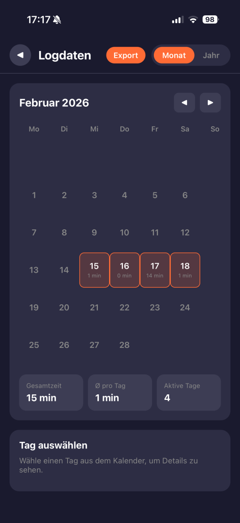 Kalenderansicht der Logdaten in der DynoForce App