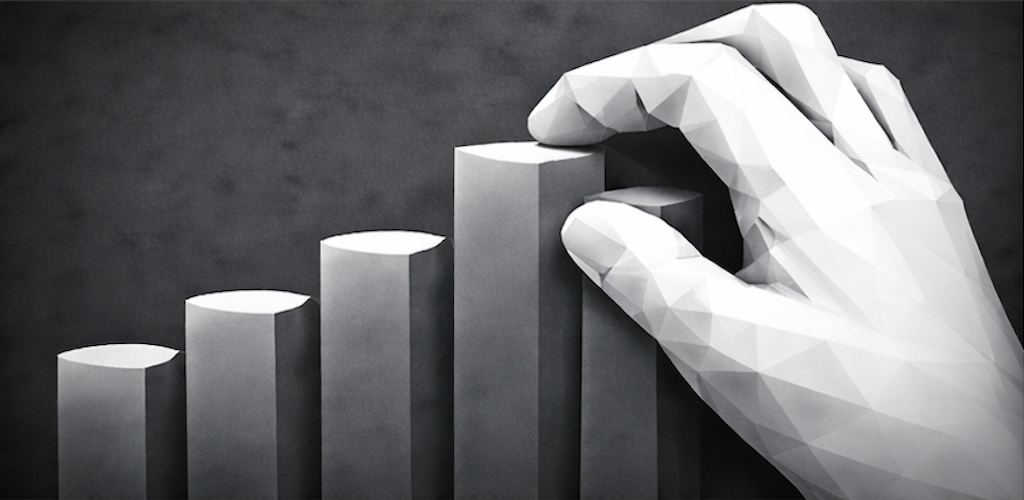 Abstrakte DynoForce Hero-Grafik mit Hand und steigenden Balken